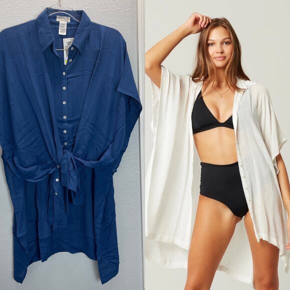L*Space Hi Low Cover Up Blue Anita Button Front Cover Up Top Shirt - Picture 1 of 15